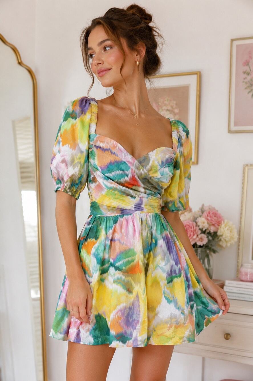 Anthropologie Abstract Watercolor Mini Dress Puff Sleeve Romantic Boho Size XS